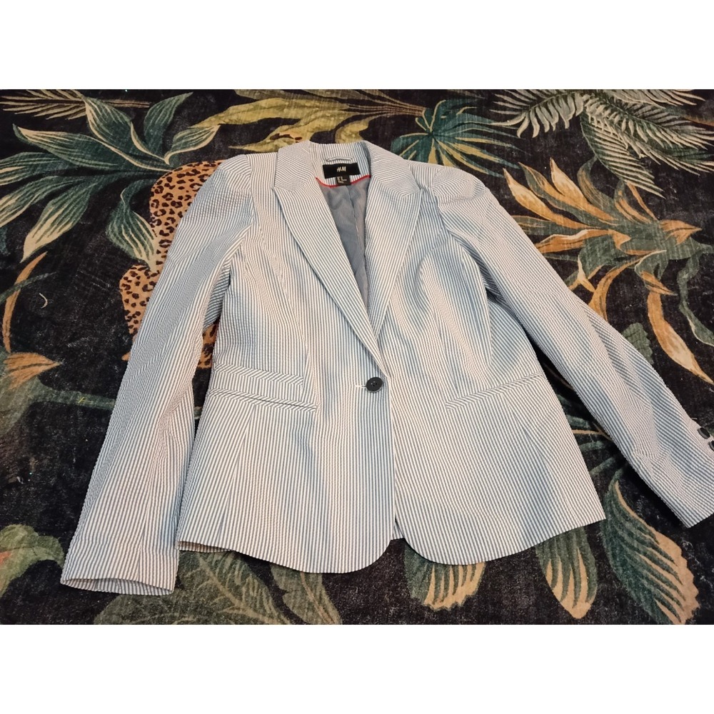 H&M Blue White Striped Seer Sucker Blazer Women's Size 12